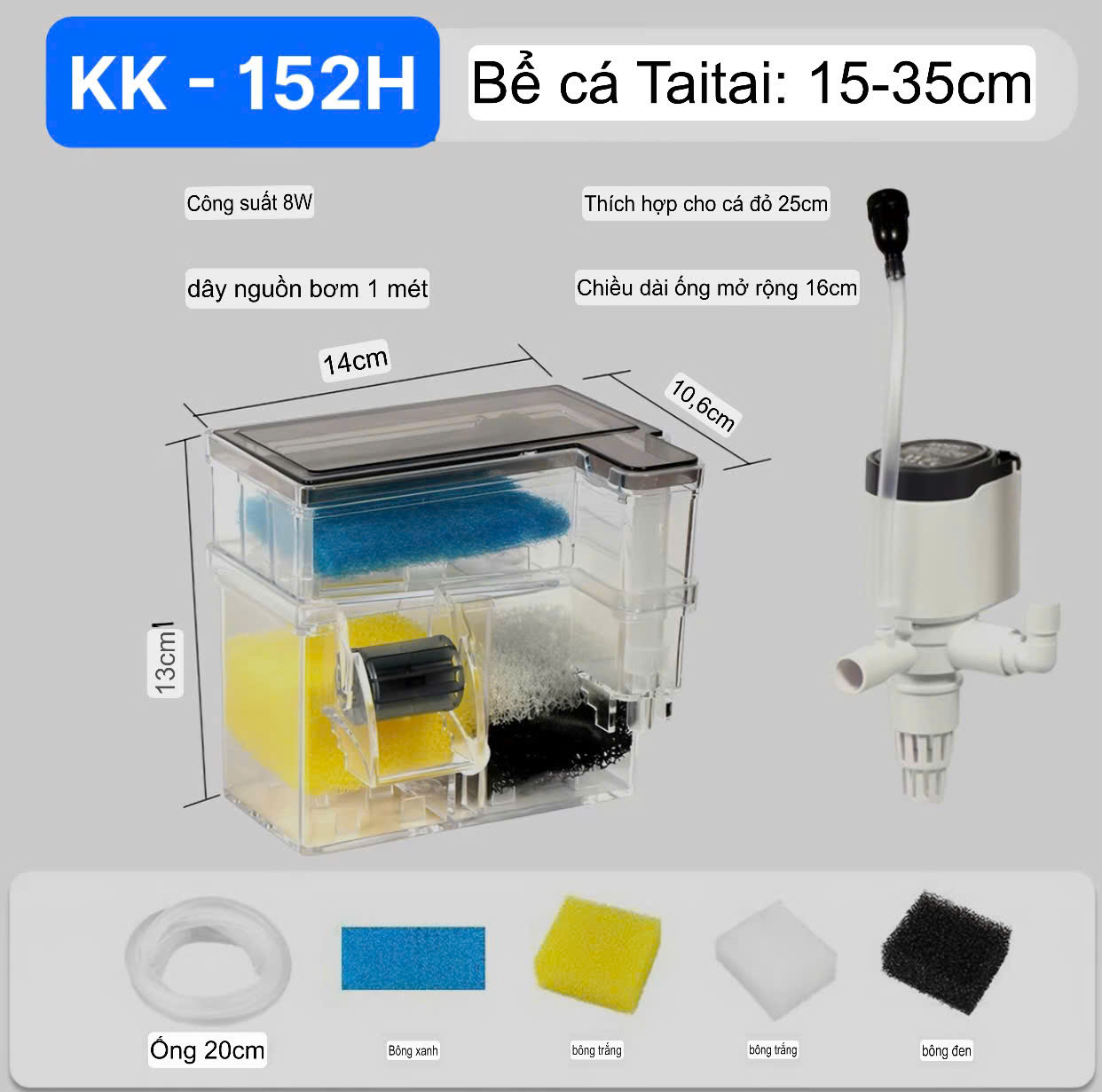 Lọc Tràn 2 Tầng KK 152H , 162H , 172H , 182H (ĐÃ KÈM VẬT LIỆU LỌC)  Siêu Êm Cho Hồ Cá
