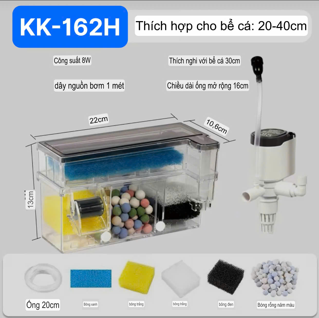Lọc Tràn 2 Tầng KK 152H , 162H , 172H , 182H (ĐÃ KÈM VẬT LIỆU LỌC)  Siêu Êm Cho Hồ Cá