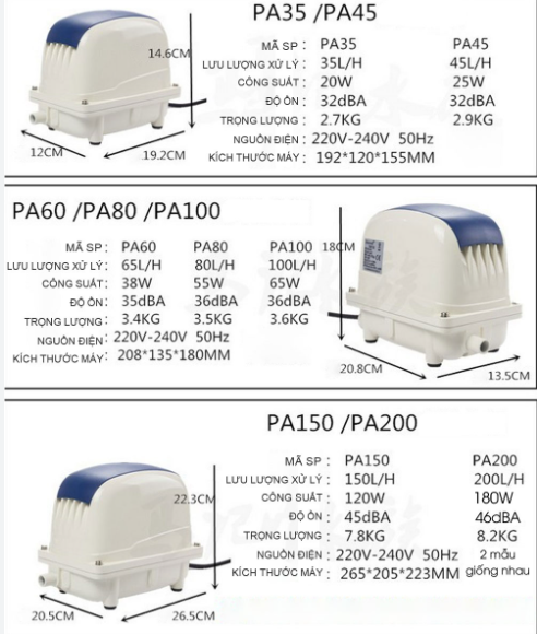 Máy Sủi Oxy Jecod PA 35 – 45 – 60 – 80 – 100 – 150 – 200 – 250 Cho Hồ Cá Koi Và Thủy Sản