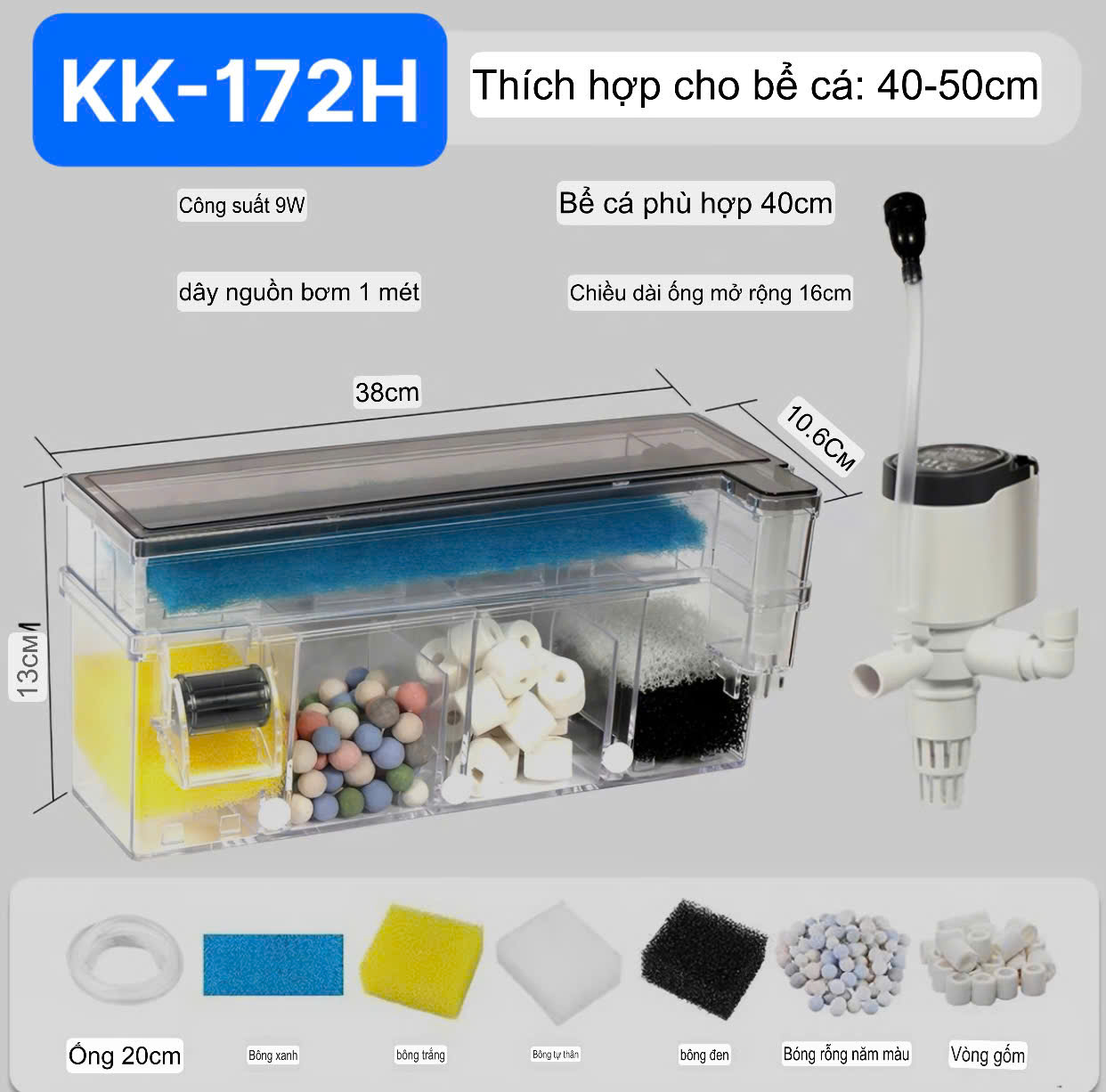 Lọc Tràn 2 Tầng KK 152H , 162H , 172H , 182H (ĐÃ KÈM VẬT LIỆU LỌC)  Siêu Êm Cho Hồ Cá