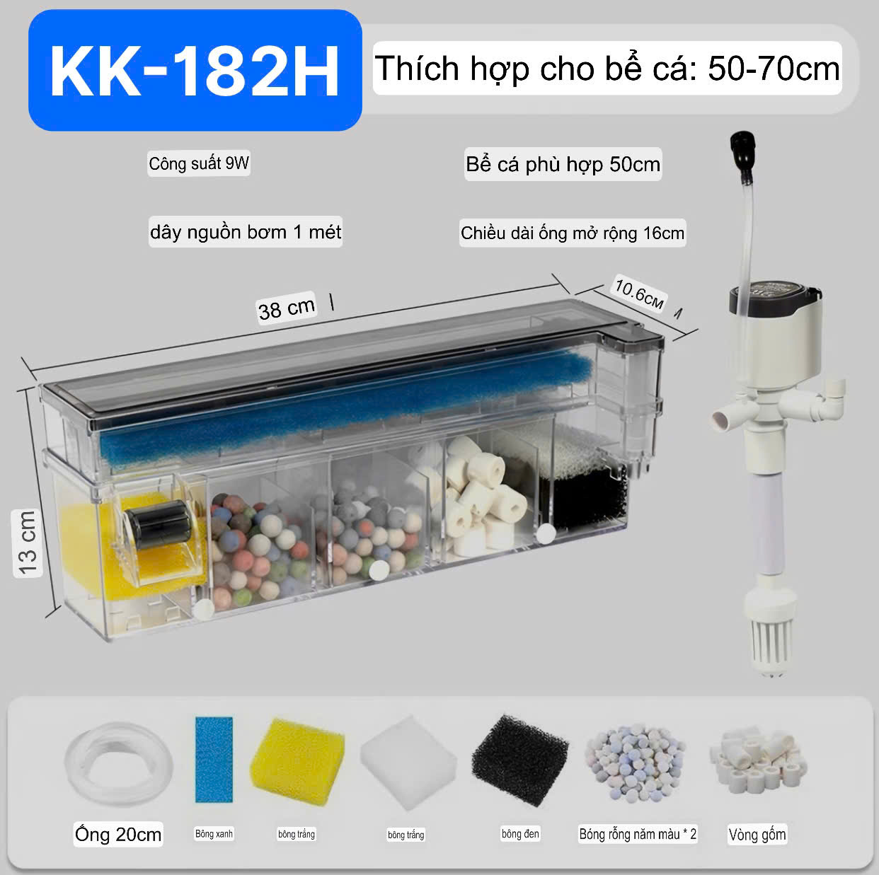 Lọc Tràn 2 Tầng KK 152H , 162H , 172H , 182H (ĐÃ KÈM VẬT LIỆU LỌC)  Siêu Êm Cho Hồ Cá