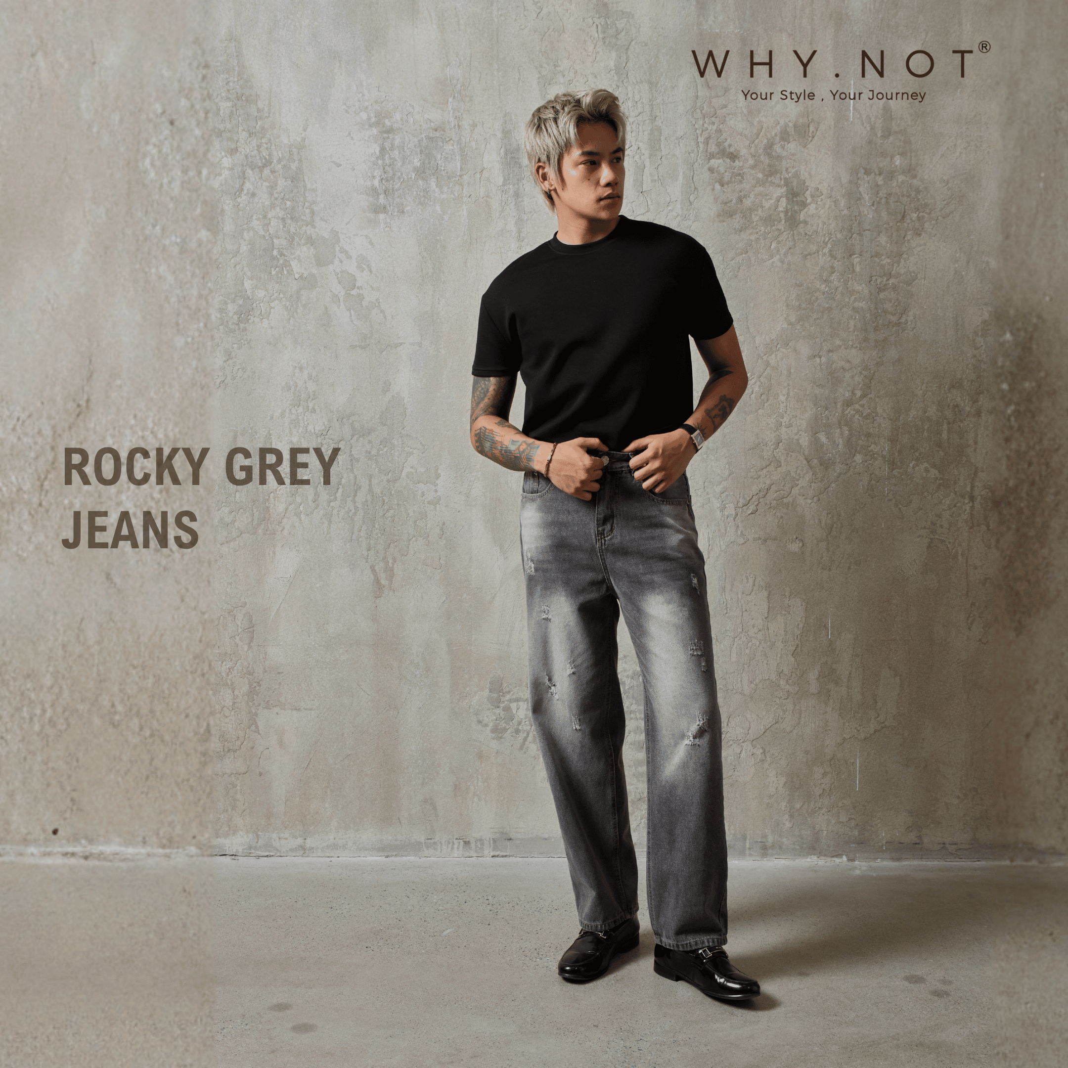 [CÓ BIGSIZE] - Quần Jeans Nam Rocky Grey WHY.NOT Ống Rộng - Quần Jean Nam Form Regular Màu Xám
