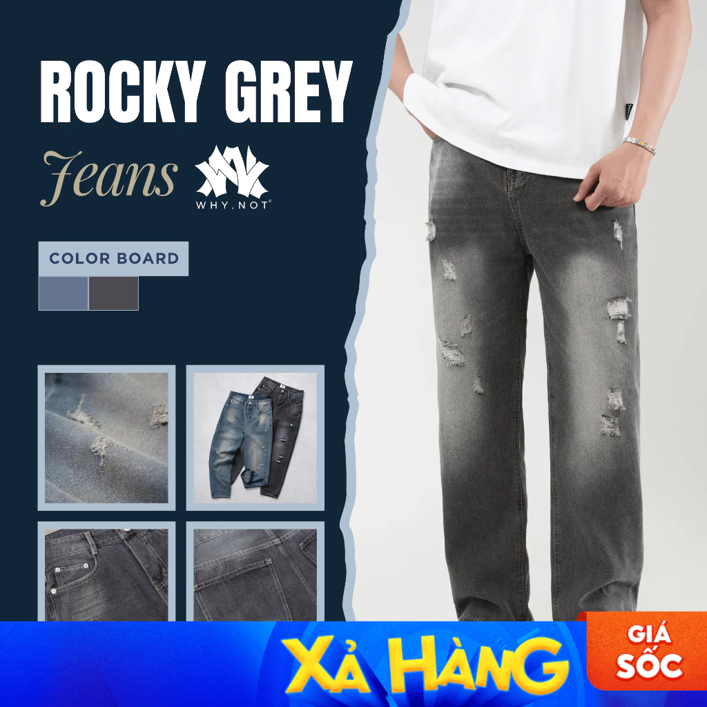 [CÓ BIGSIZE] - Quần Jeans Nam Rocky Grey WHY.NOT Ống Rộng - Quần Jean Nam Form Regular Màu Xám