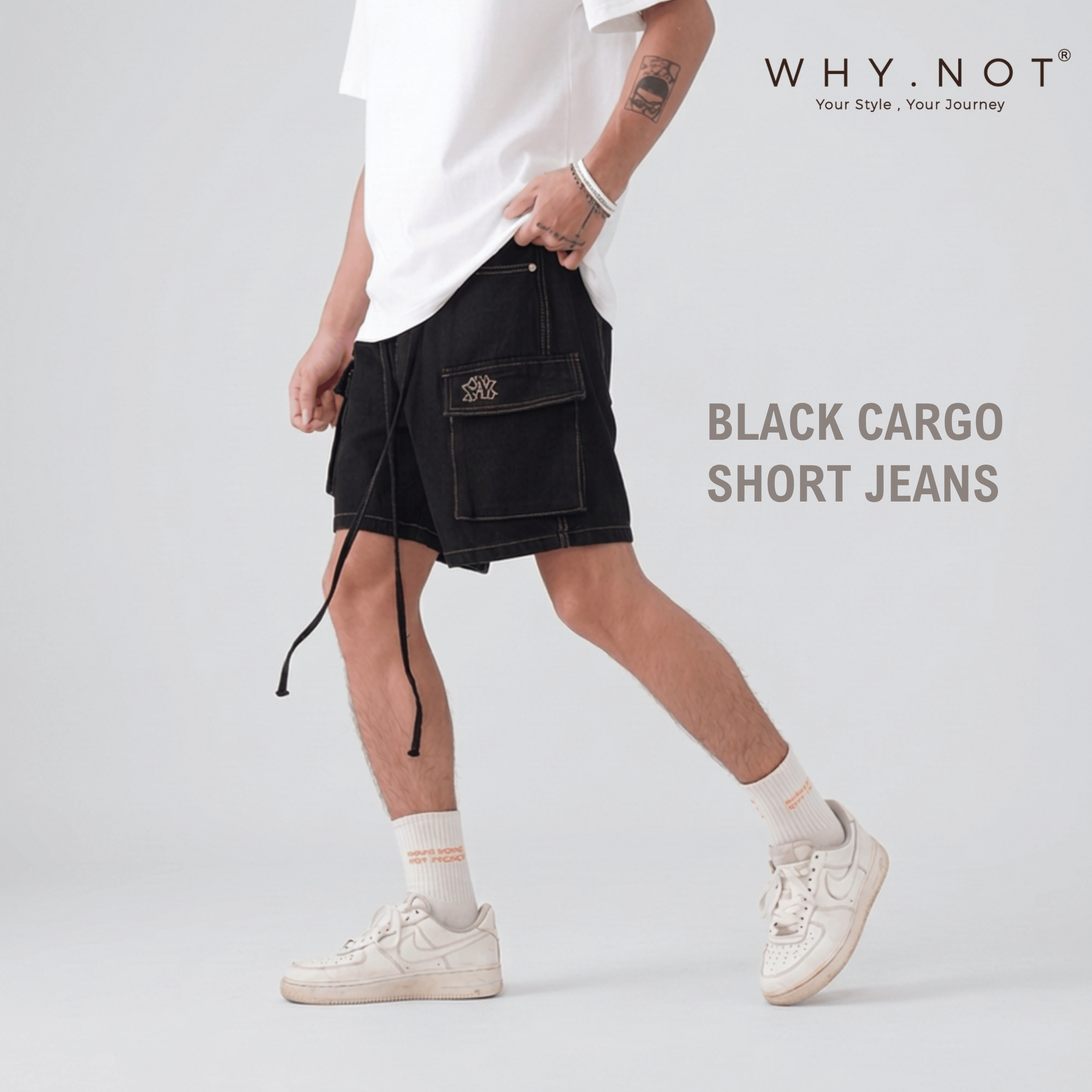 [Có Bigsize] - BLACK CARGO SHORT JEANS - Quần Short Jean Nam Túi Hộp Màu Đen WHY.NOT Form chữ A Trên Gối