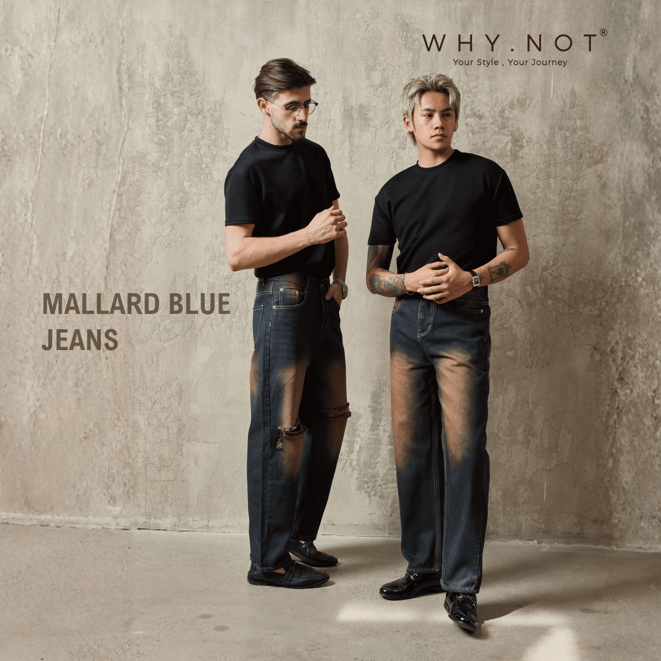 [Có Bigsize]-Quần Jeans Nam Suông WHY.NOT Màu Xanh Cổ Vịt Wash Vàng Cá Tính- Quần Jean Nam Rách Gối