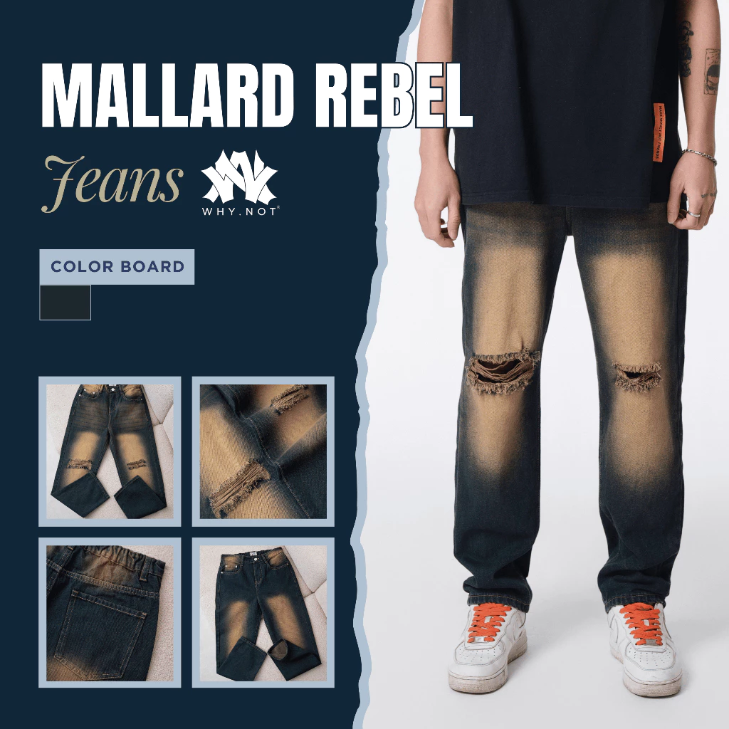 [Có Bigsize]-Quần Jeans Nam Suông WHY.NOT Màu Xanh Cổ Vịt Wash Vàng Cá Tính- Quần Jean Nam Rách Gối