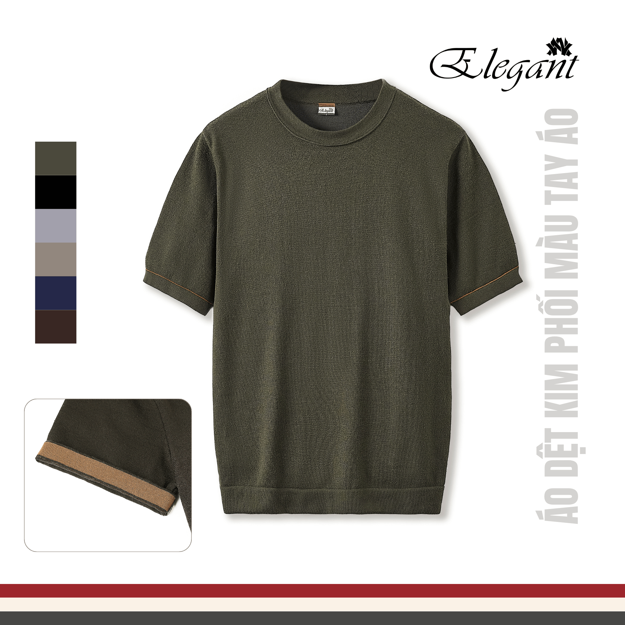 [WHY.NOT ELEGANT] Áo Dệt Kim Cổ Tròn Phối Màu Cổ Tay và Gấu Áo - Màu Olive