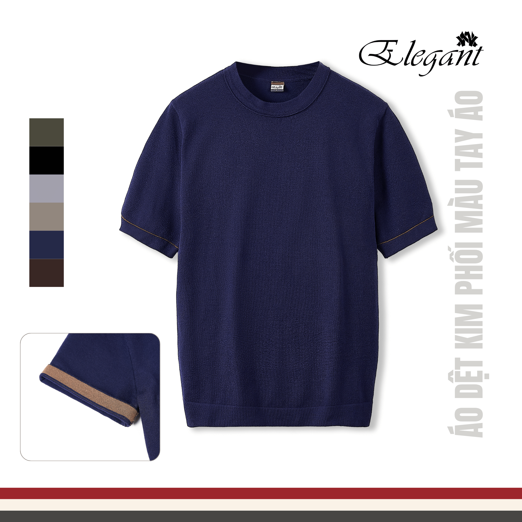 [WHY.NOT ELEGANT] Áo Dệt Kim Cổ Tròn Phối Màu Cổ Tay và Gấu Áo - Màu Xanh Navy