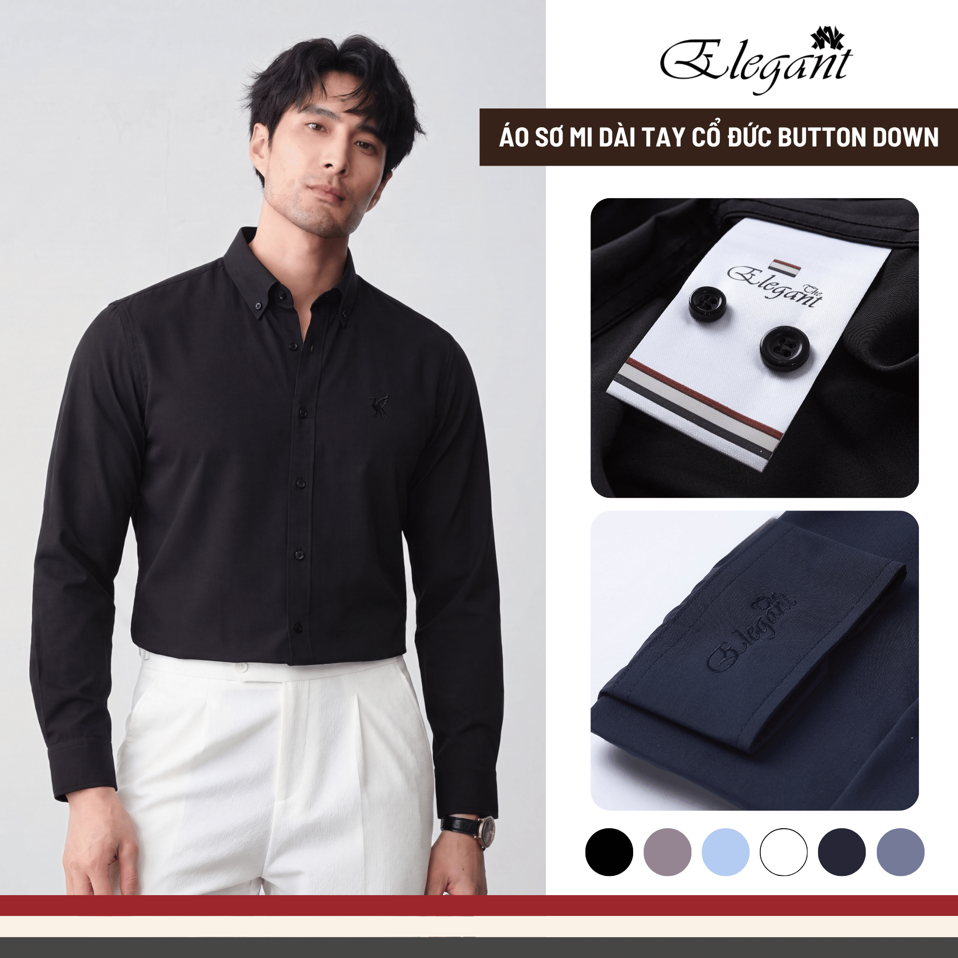 [WHY.NOT ELEGANT] Áo Sơ Mi Nam Cổ Đức Form Regular Thêu Hình Chim Trước Ngực - Màu Đen