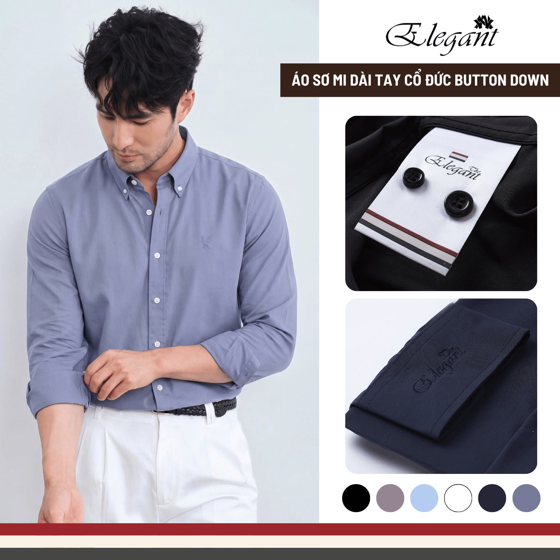 [WHY.NOT ELEGANT] Áo Sơ Mi Nam Cổ Đức Form Regular Thêu Hình Chim Trước Ngực - Màu Ghi