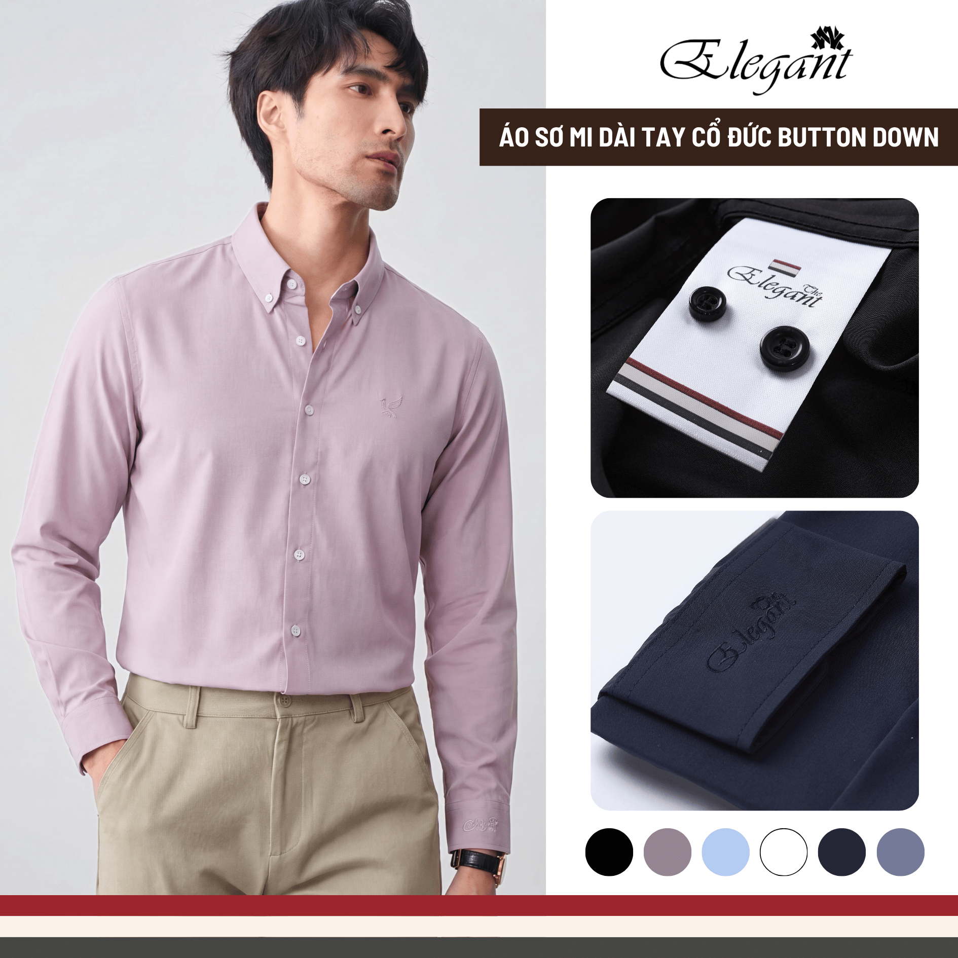 [WHY.NOT ELEGANT] Áo Sơ Mi Nam Cổ Đức Form Regular Thêu Hình Chim Trước Ngực - Màu Hồng Đất