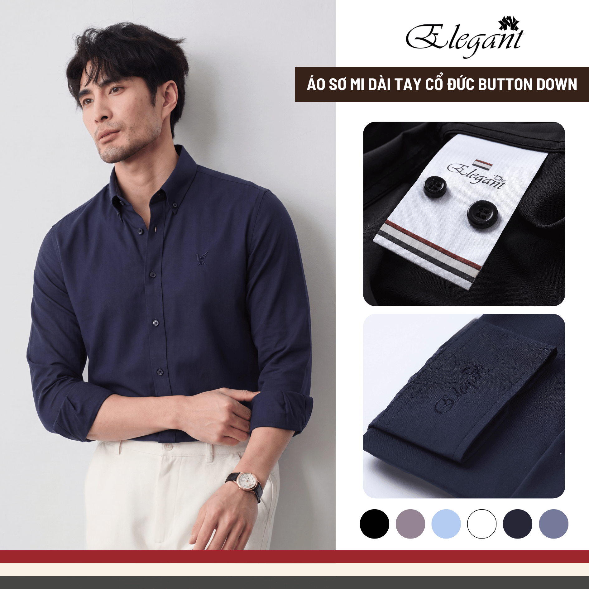 [WHY.NOT ELEGANT] Áo Sơ Mi Nam Cổ Đức Form Regular Thêu Hình Chim Trước Ngực - Màu Navy