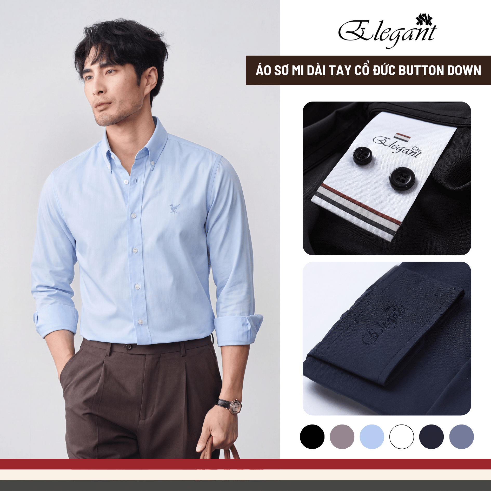 [WHY.NOT ELEGANT] Áo Sơ Mi Nam Cổ Đức Form Regular Thêu Hình Chim Trước Ngực - Màu Xanh Nhạt