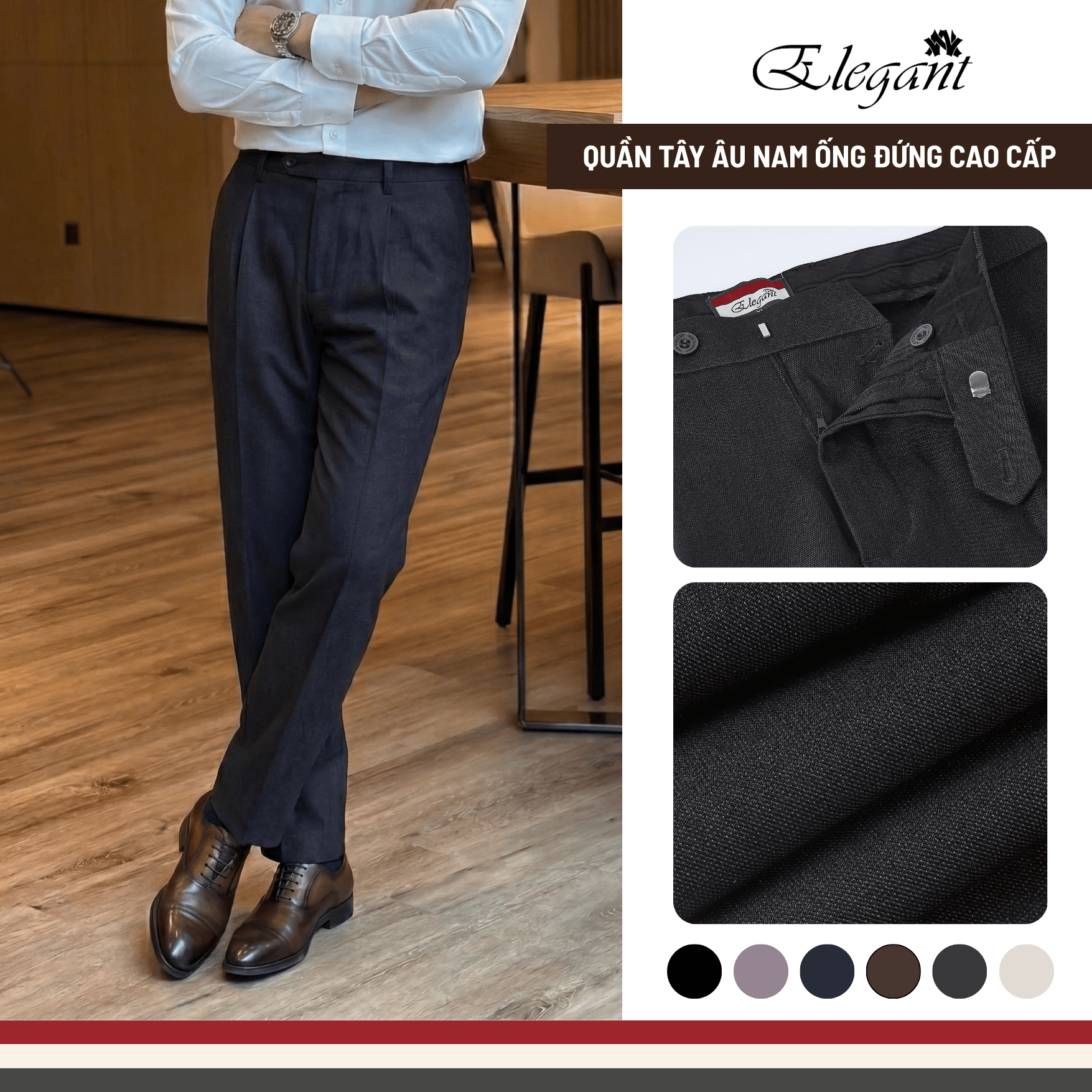 [WHY.NOT ELEGANT] Quần Tây Nam Ống Đứng Cạp Thường Chất Liệu Chéo 79 Cao Cấp - Màu Mun