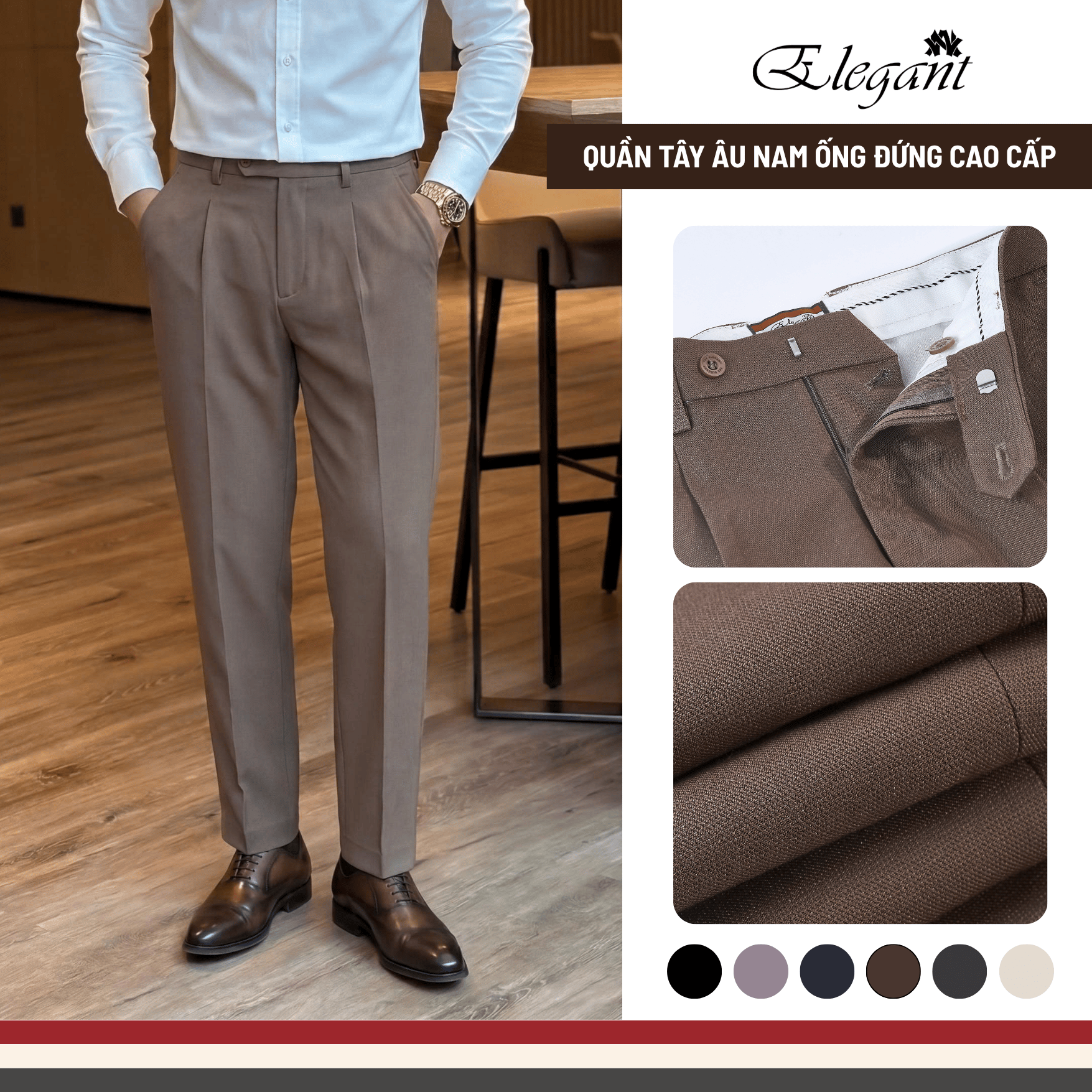 [WHY.NOT ELEGANT] Quần Tây Nam Ống Đứng Cạp Thường Chất Liệu Chéo 79 Cao Cấp - Màu Nâu Đậm