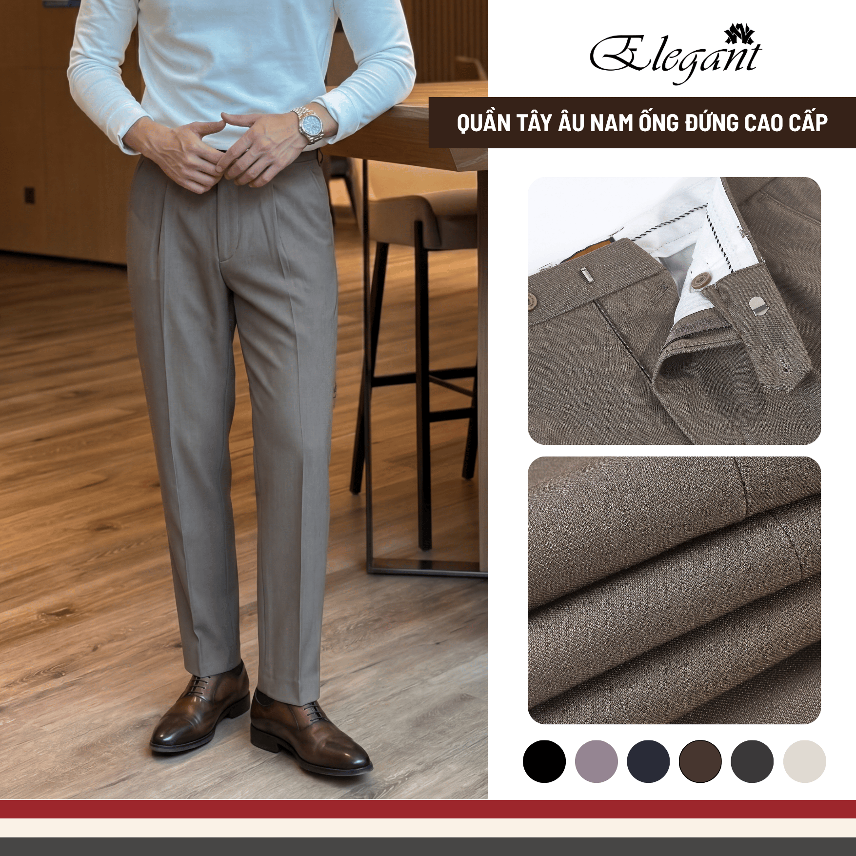 [WHY.NOT ELEGANT] Quần Tây Nam Ống Đứng Cạp Thường Chất Liệu Chéo 79 Cao Cấp - Màu Nâu Nhạt