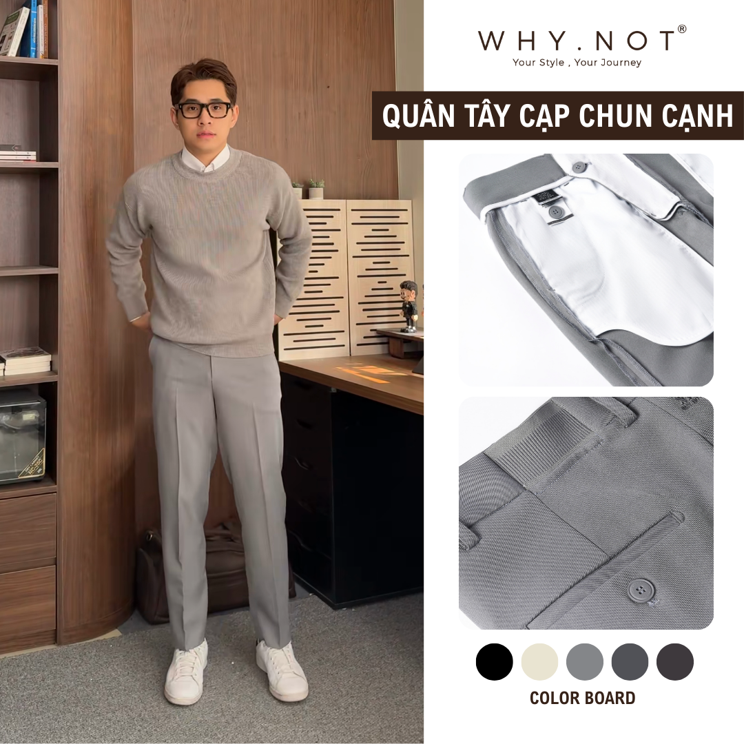 [WHY.NOT] Quần Âu Nam Ống Đứng Cạp Chun Cạnh Sườn - Màu Ghi Nhạt