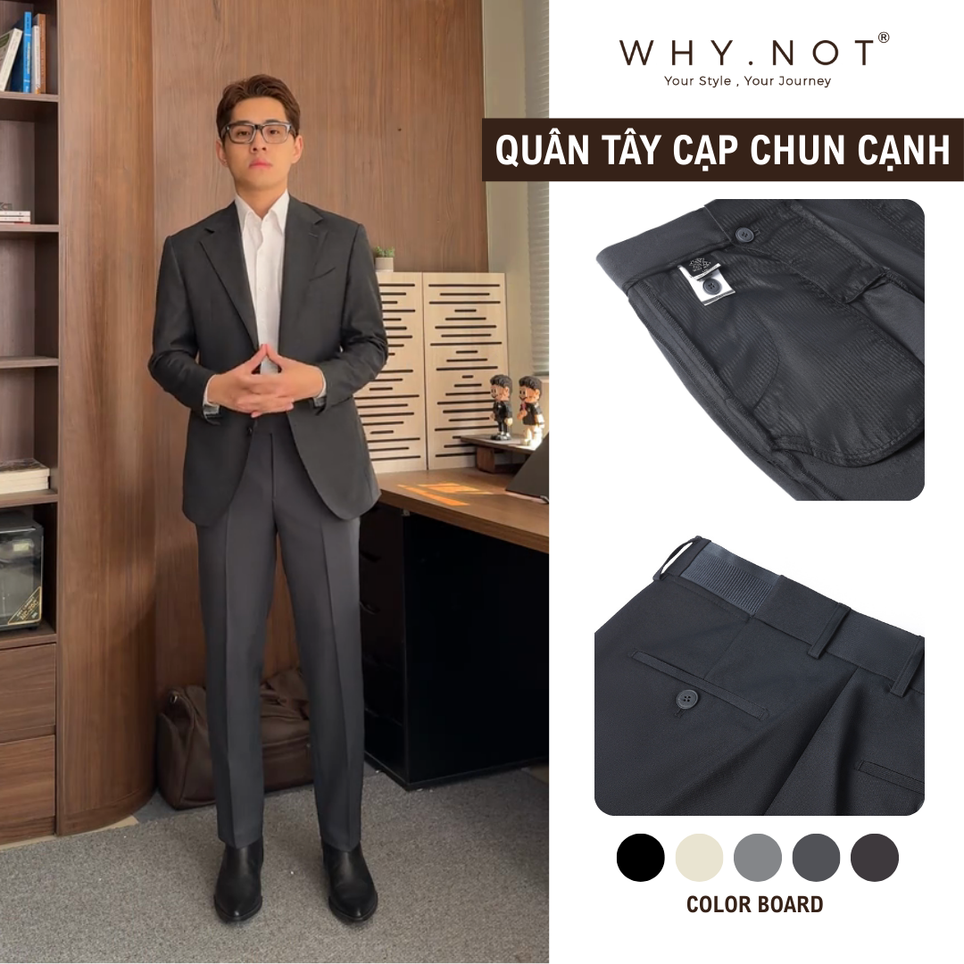 [WHY.NOT] Quần Âu Nam Ống Đứng Cạp Chun Cạnh Sườn - Màu Xám Đậm (Số 03)