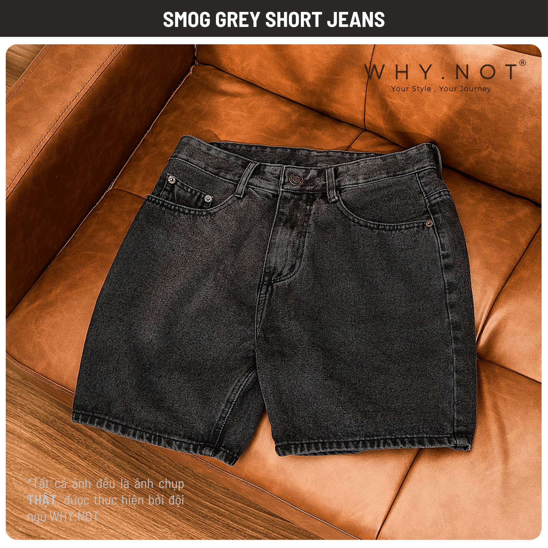 [WHY.NOT] Quần Short Nam Jean Form Trên Gối Thêu Logo Túi Sau - Màu Xám Khói