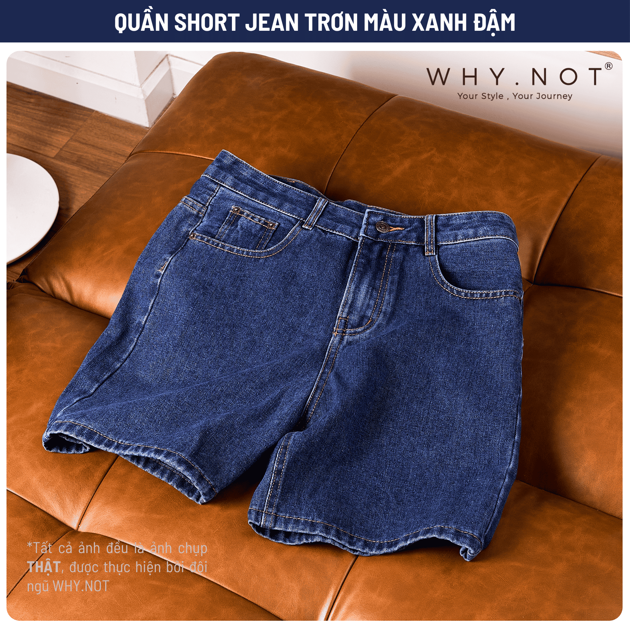 [WHY.NOT] Quần Short Nam Jean Form Trên Gối Thêu Logo Túi Sau - Màu Xanh Đậm