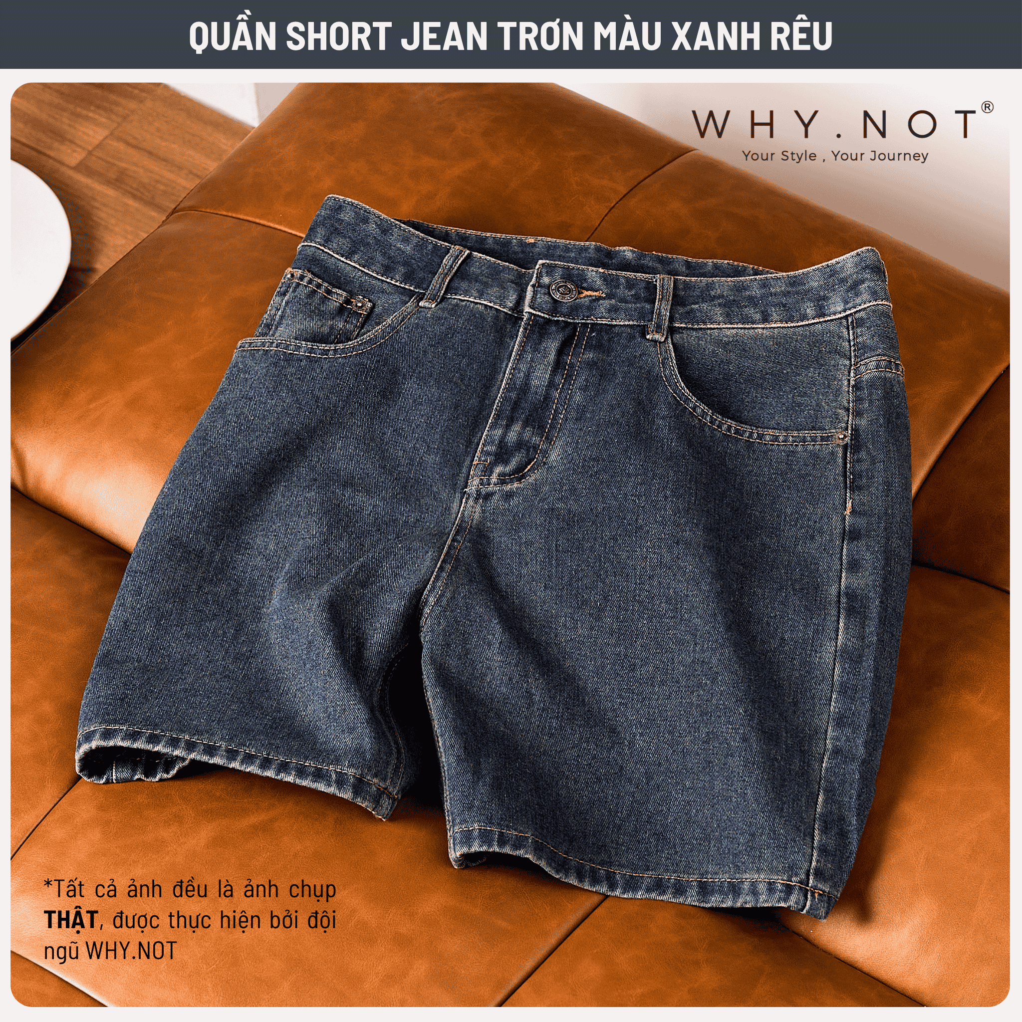 [WHY.NOT] Quần Short Nam Jean Form Trên Gối Thêu Logo Túi Sau - Màu Xanh Rêu