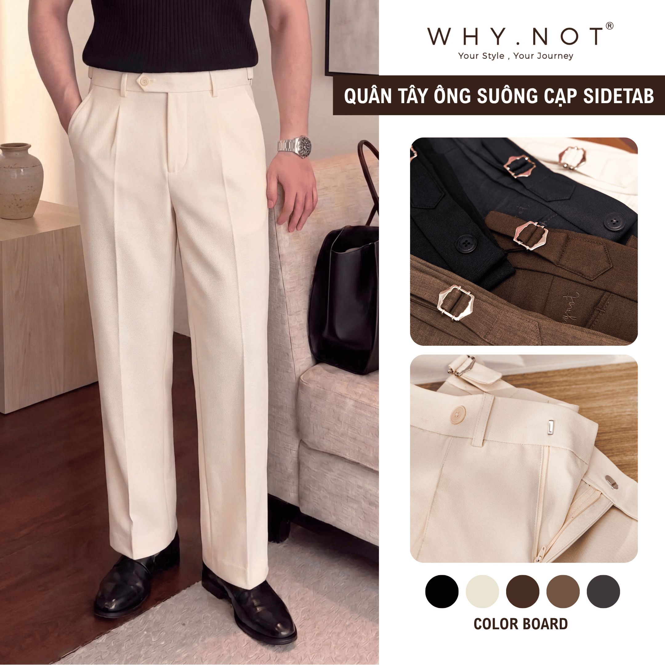 [WHY.NOT] Quần Tây Nam Ống Suông Cạp Sidetab May Li Thân Trước - Màu Be (Kem)