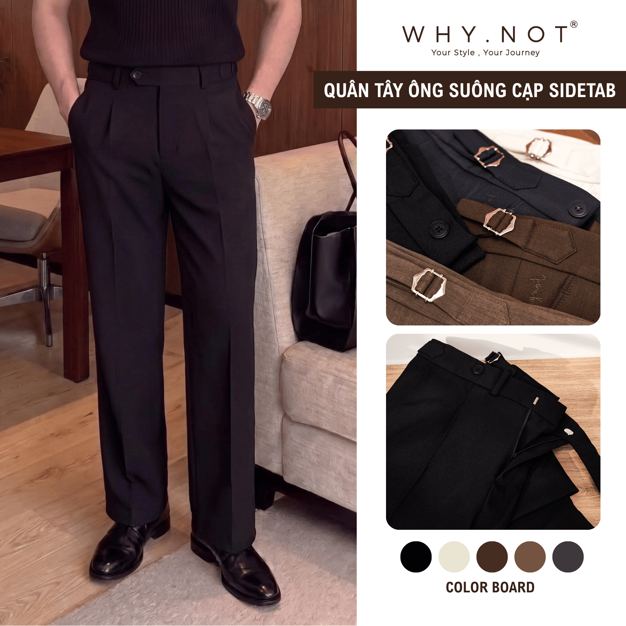 [WHY.NOT] Quần Tây Nam Ống Suông Cạp Sidetab May Li Thân Trước - Màu Đen