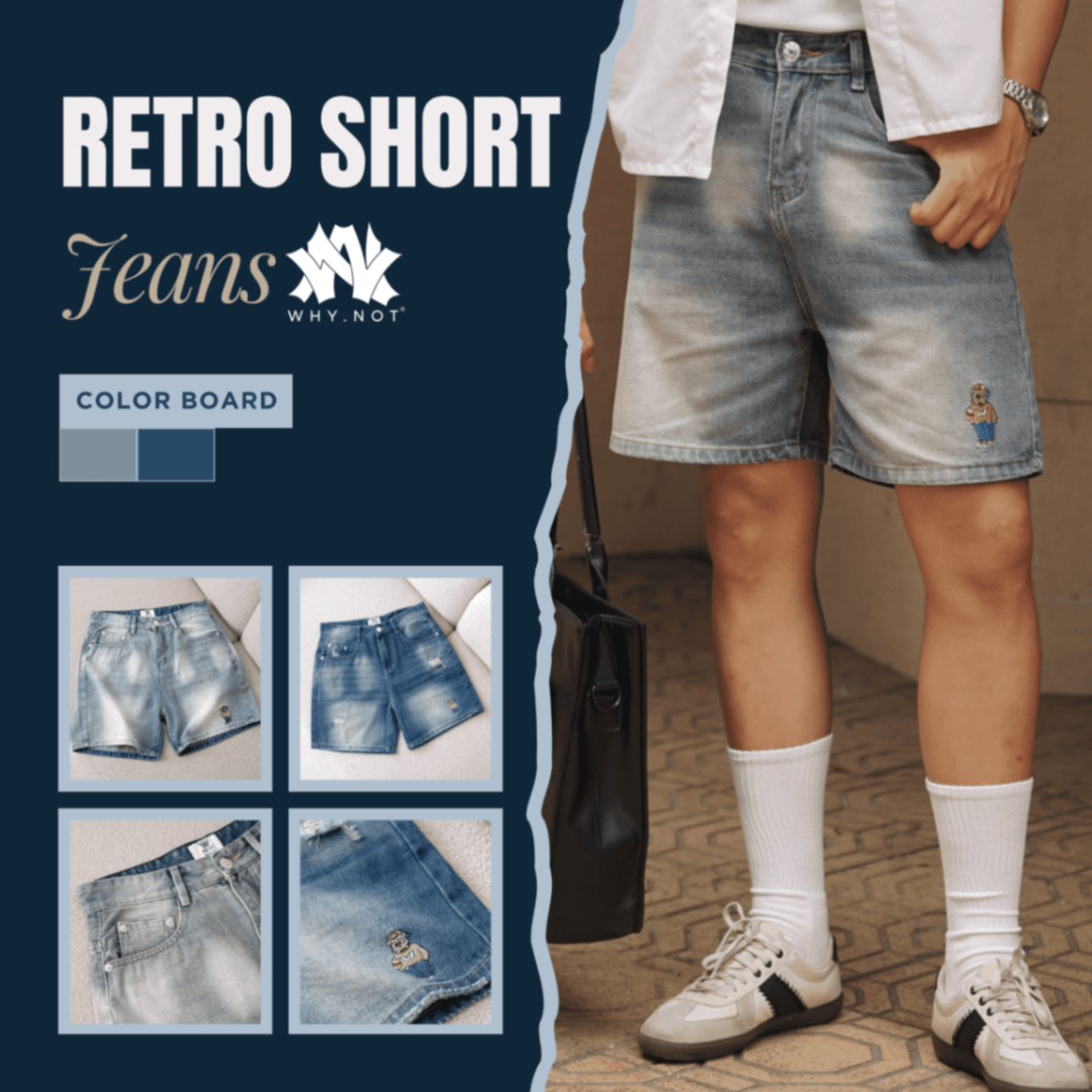 [Có Bigsize] - RETRO SHORT JEANS - Quần Short Jean Nam Retro Blue WHY.NOT Form chữ A Trên Gối