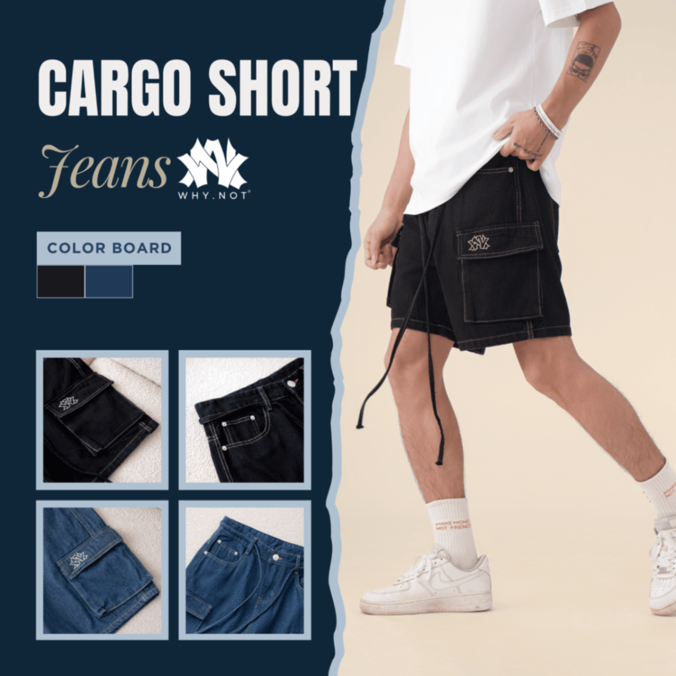 [Có Bigsize] - NAVY CARGO SHORT JEANS - Quần Short Jean Nam Túi Hộp Màu Xanh WHY.NOT Form chữ A Trên Gối