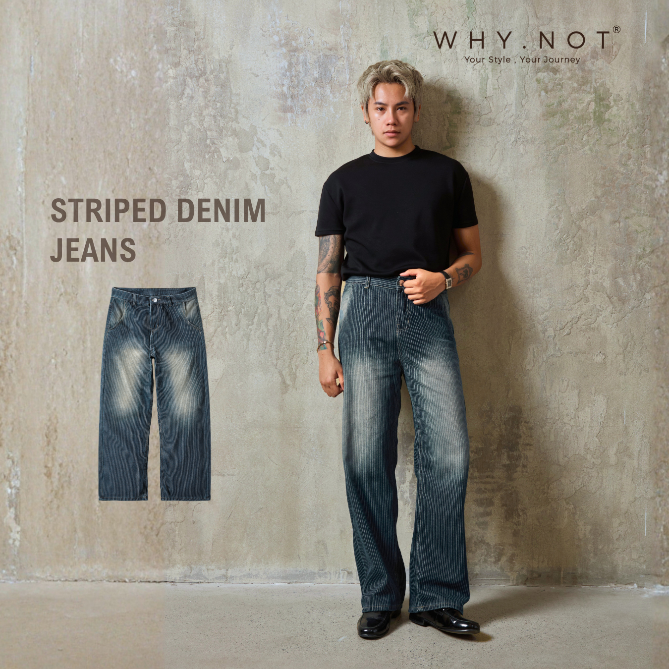 Có Bigsize] WHY.NOT STRIPED DENIM - Quần Jeans Nam Nữ Kẻ Sọc Túi Chéo Ống Suông Rộng Phủ Giày