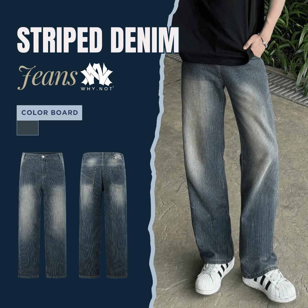 Có Bigsize] WHY.NOT STRIPED DENIM - Quần Jeans Nam Nữ Kẻ Sọc Túi Chéo Ống Suông Rộng Phủ Giày