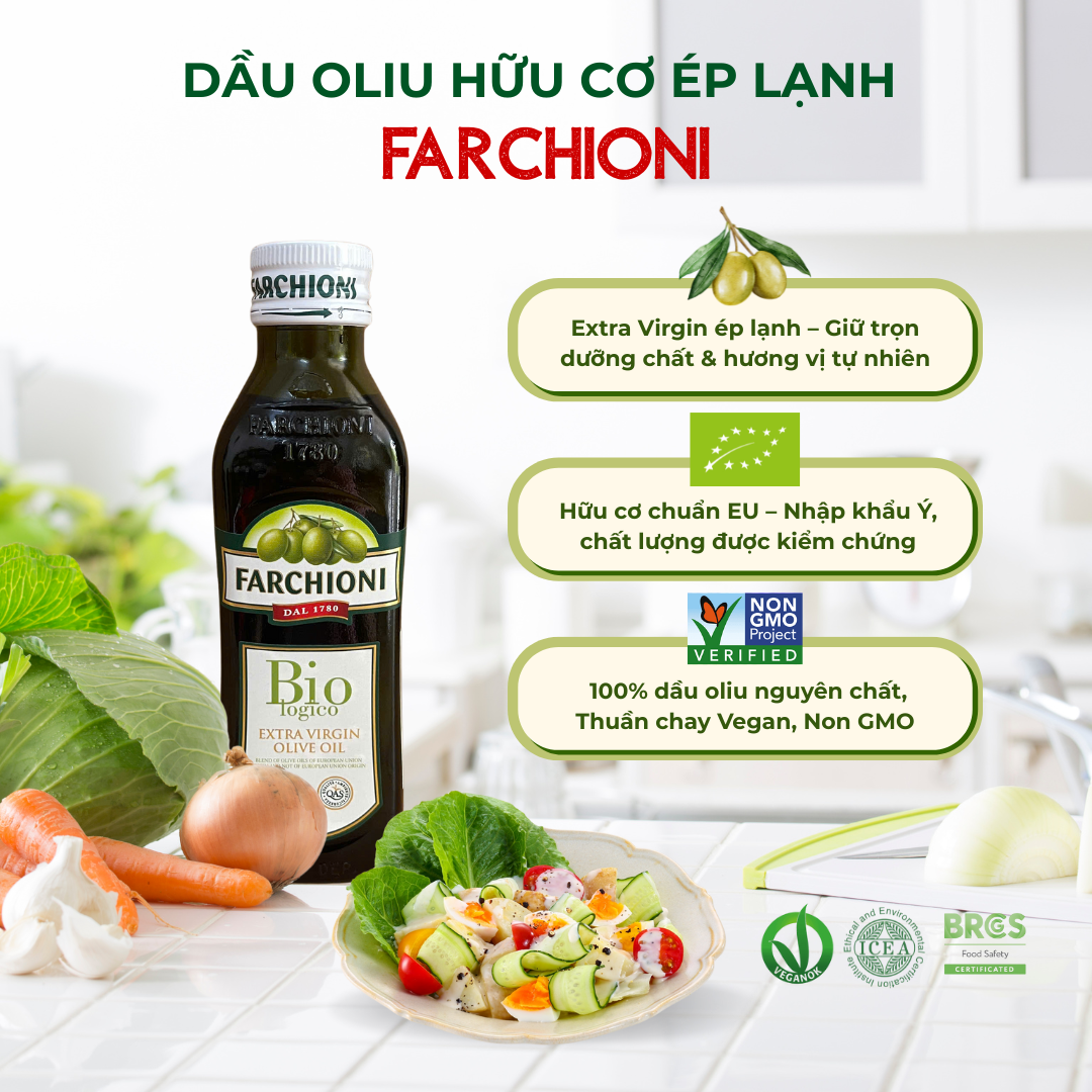 Dầu oliu nguyên chất ép lạnh hữu cơ Farchioni 250ml