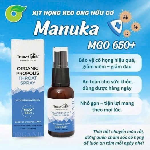 Xịt họng keo ong Manuka hữu cơ TranzAlpine MGO 650+ (30ML)