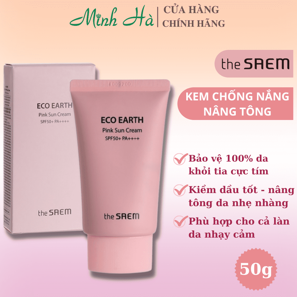 Kem chống nắng The Saem Eco Earth Pink Sun Cream EX SPF50+ PA++++ 50g nâng tone da nhẹ nhàng tự nhiên