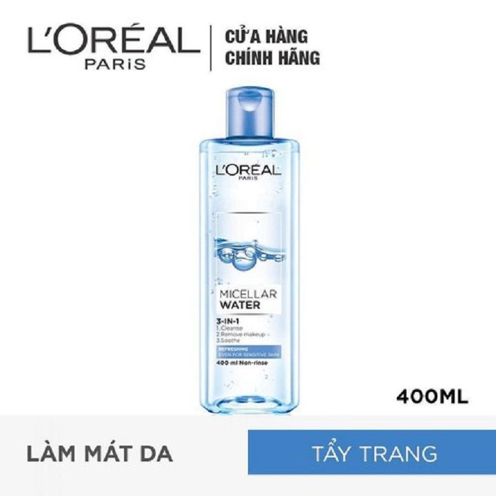 Nước tẩy trang Loreal Paris Micellar Water 3-in-1 400ml không chứa cồn làm sạch và mềm da
