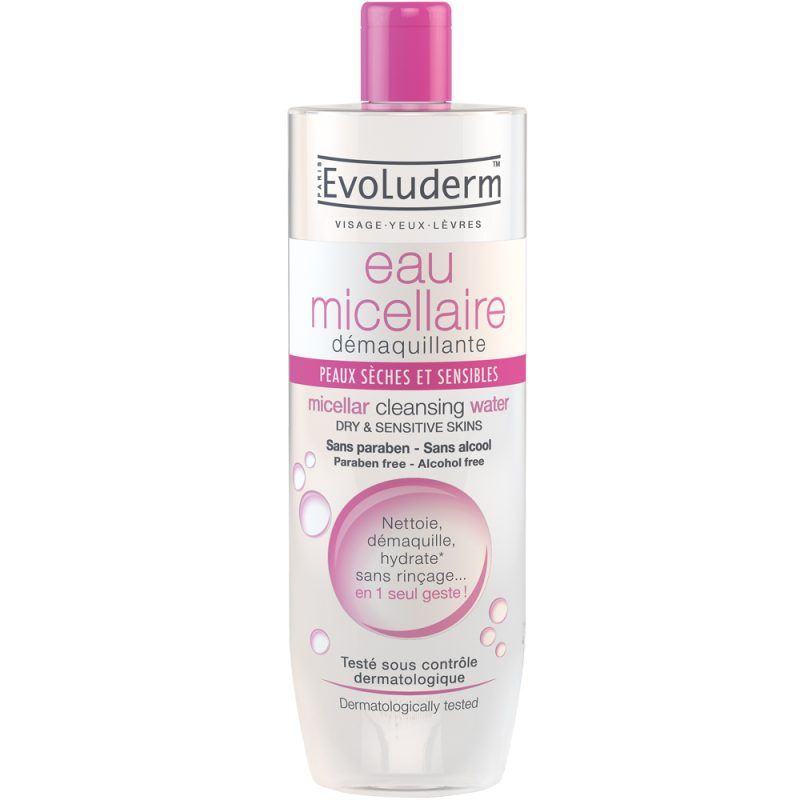 Nước tẩy trang không cồn Evoluderm Micellar Cleansing Water 500ml làm sạch, dịu da