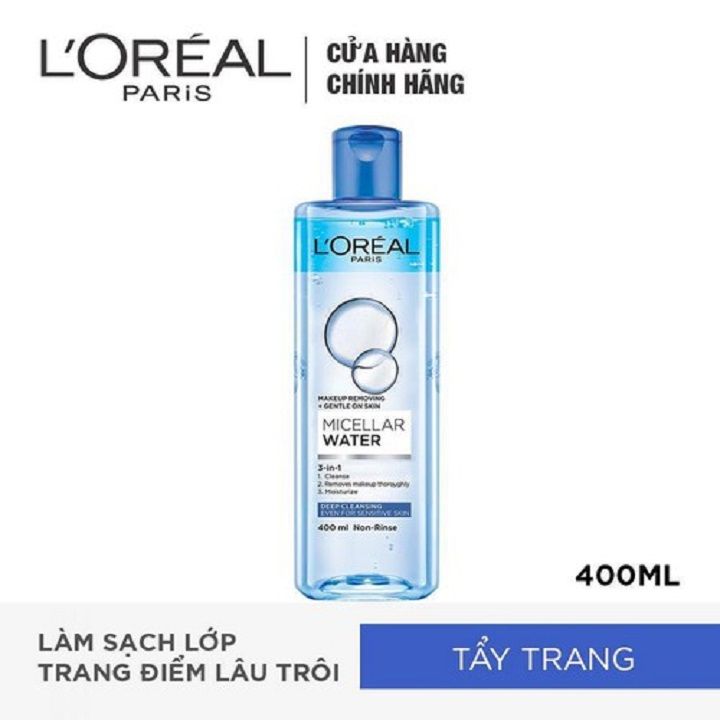 Nước tẩy trang Loreal Paris Micellar Water 3-in-1 400ml không chứa cồn làm sạch và mềm da