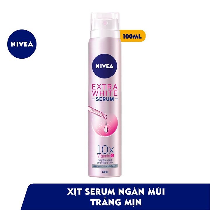 Xịt khử mùi Nivea Extra White Serum Spray Whitening Skin 100ml dưỡng da sáng mịn, giảm tiết mồ hôi và ngăn mùi suốt 48h
