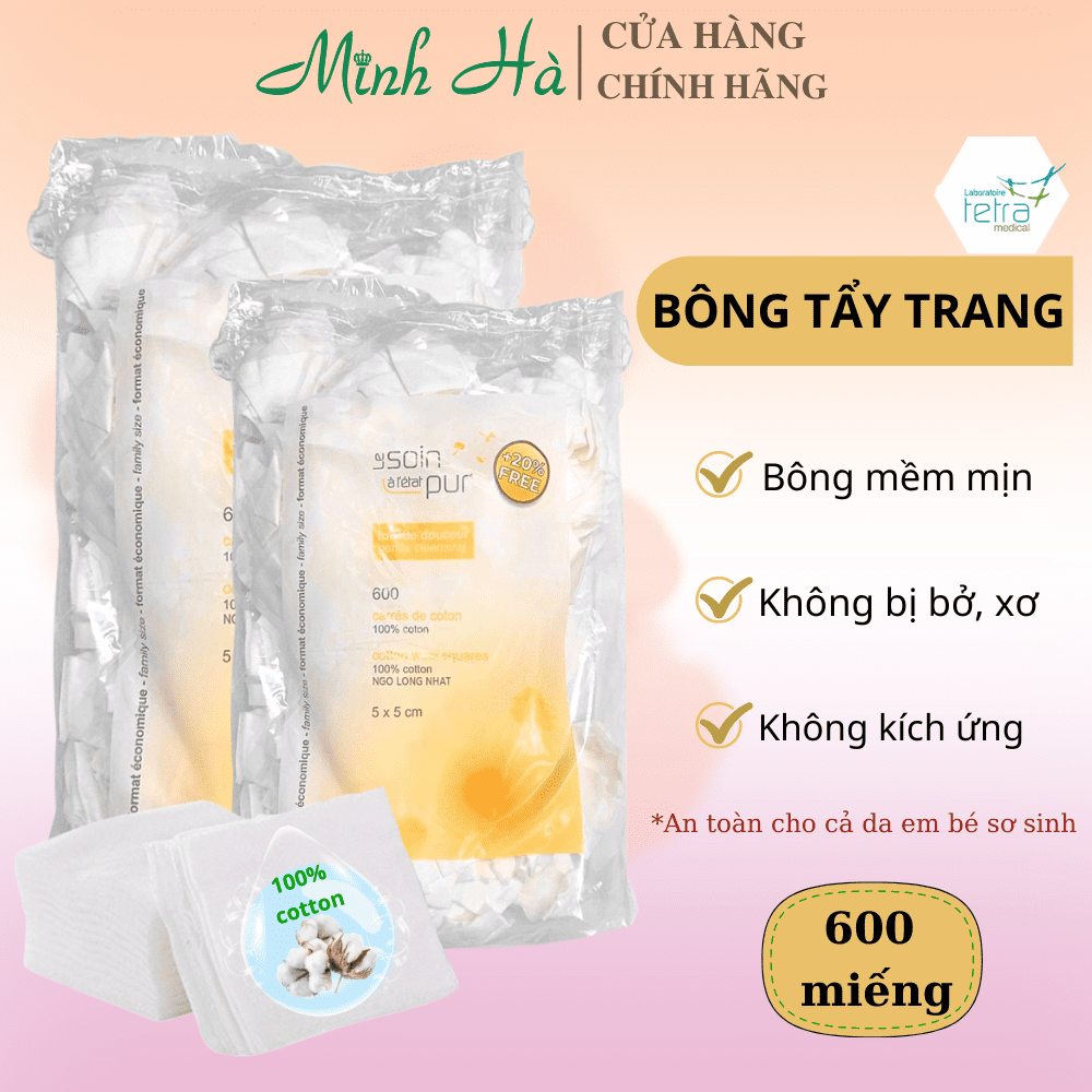 Bông tẩy trang Pháp Tetra Medical Cotton Wool Squares 600 miếng mềm mịn và dai, không bị xù lông