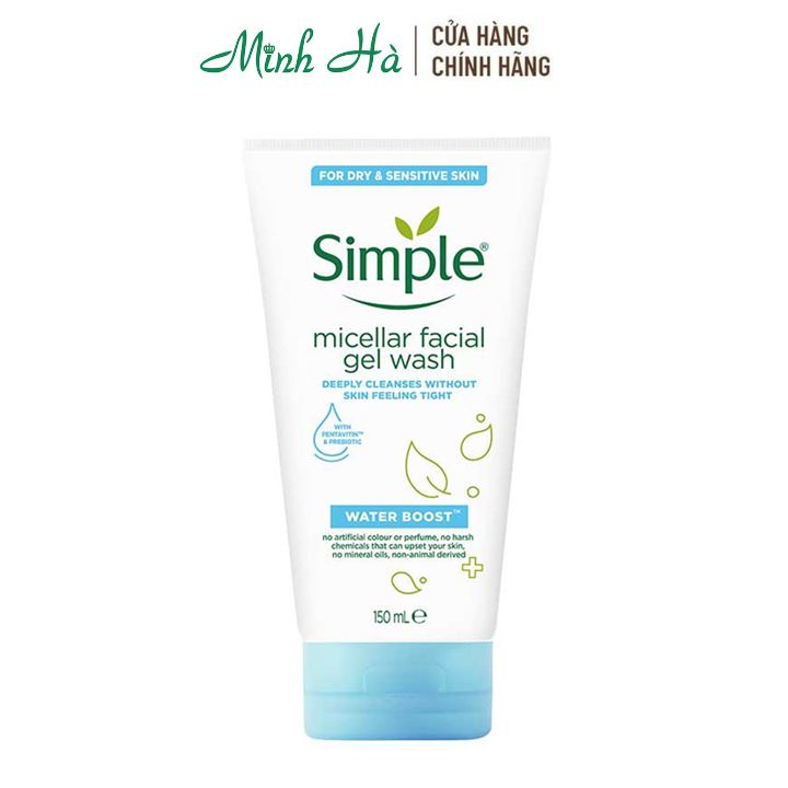 Sữa rửa mặt Simple Water Boost Micellar Facial Gel Wash 150ml dành cho da khô và da nhạy cảm