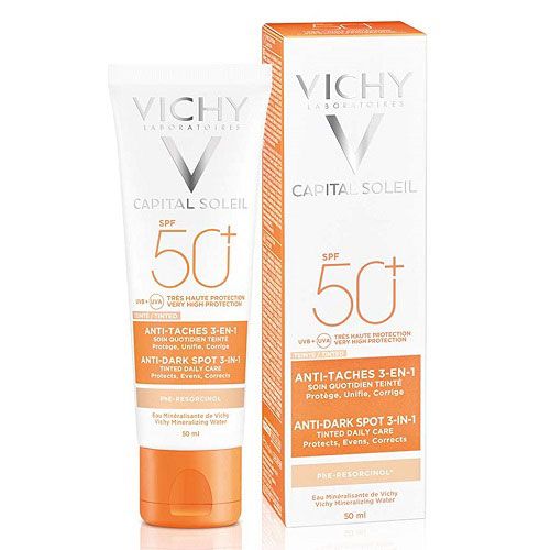 Kem chống nắng Vichy Capital Soleil SPF50+ Anti Taches 3 En 1 50ml che khuyết điểm, không nhờn rít