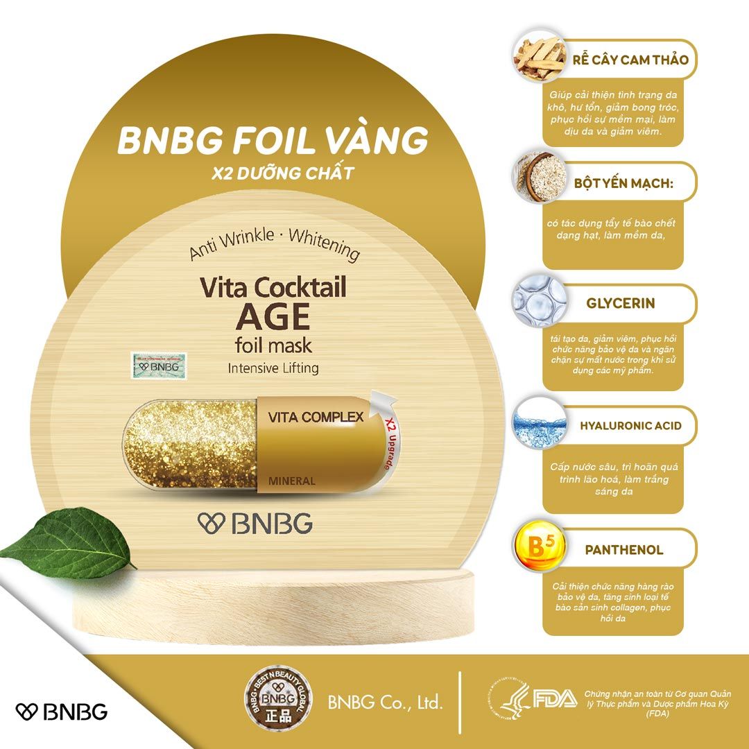 Mặt nạ giấy BNBG Vita Cocktail Age Foil mask Complex 2X 30ml/miếng cấp ẩm, chống lão hóa, dưỡng sáng da