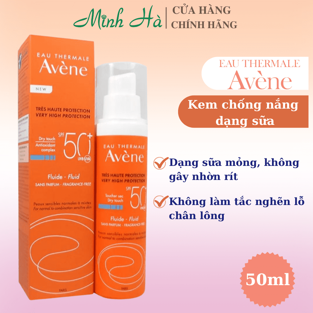 Kem chống nắng Avene Dry Touch Fluid SPF 50+ 50ml giúp làm dịu nhẹ làn da, chống kích ứng