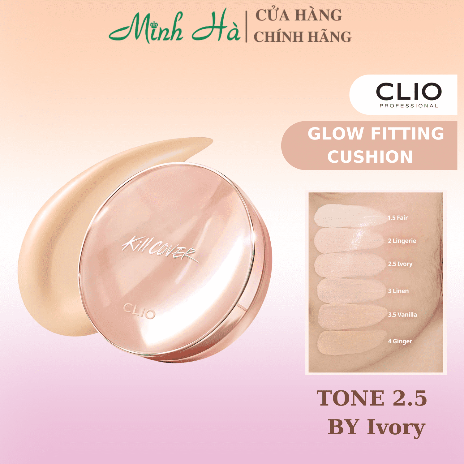 Phấn nước Clio Kill Cover Glow Fitting Cushion SPF50+ PA+++ 15g lớp nền tự nhiên lâu trôi