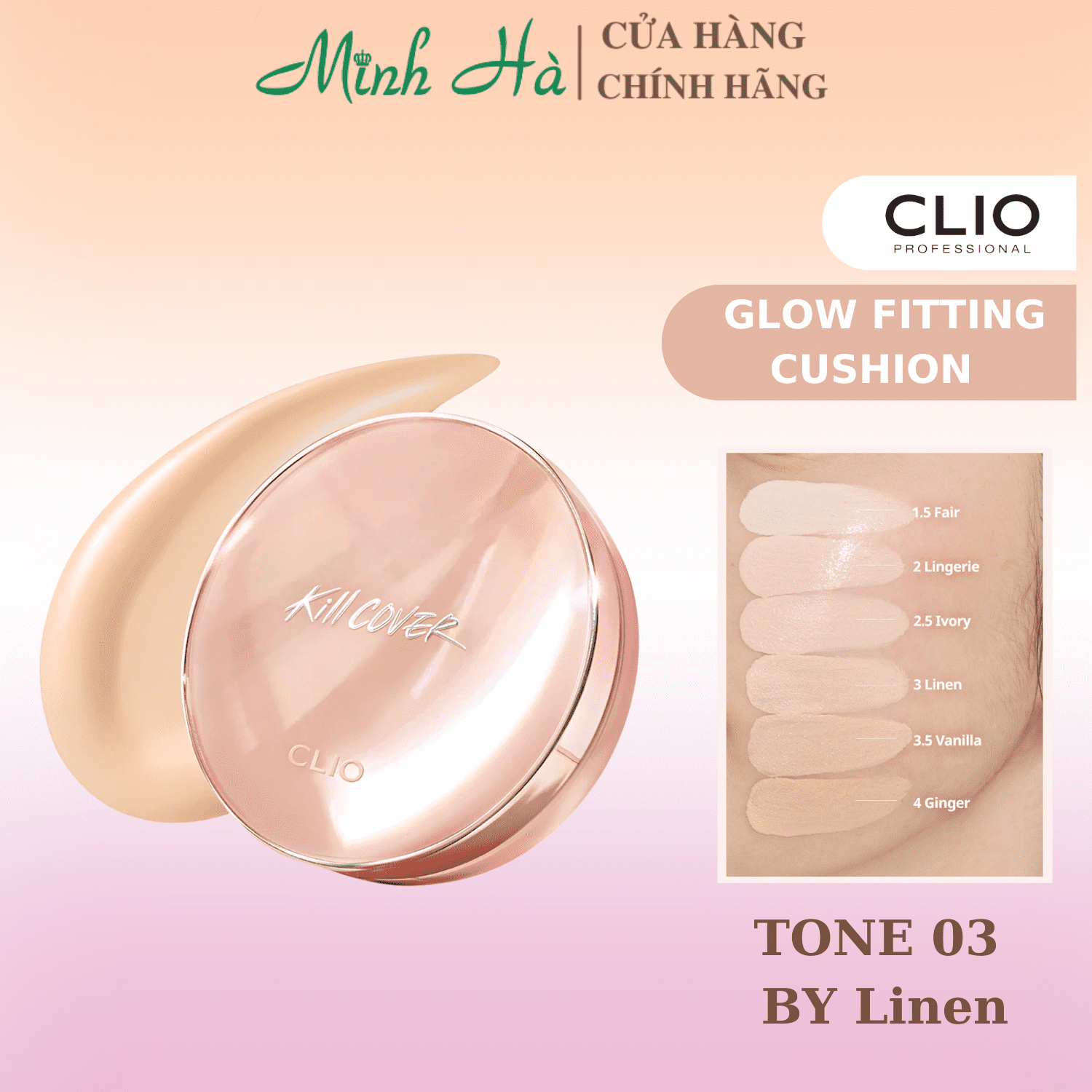 Phấn nước Clio Kill Cover Glow Fitting Cushion SPF50+ PA+++ 15g lớp nền tự nhiên lâu trôi