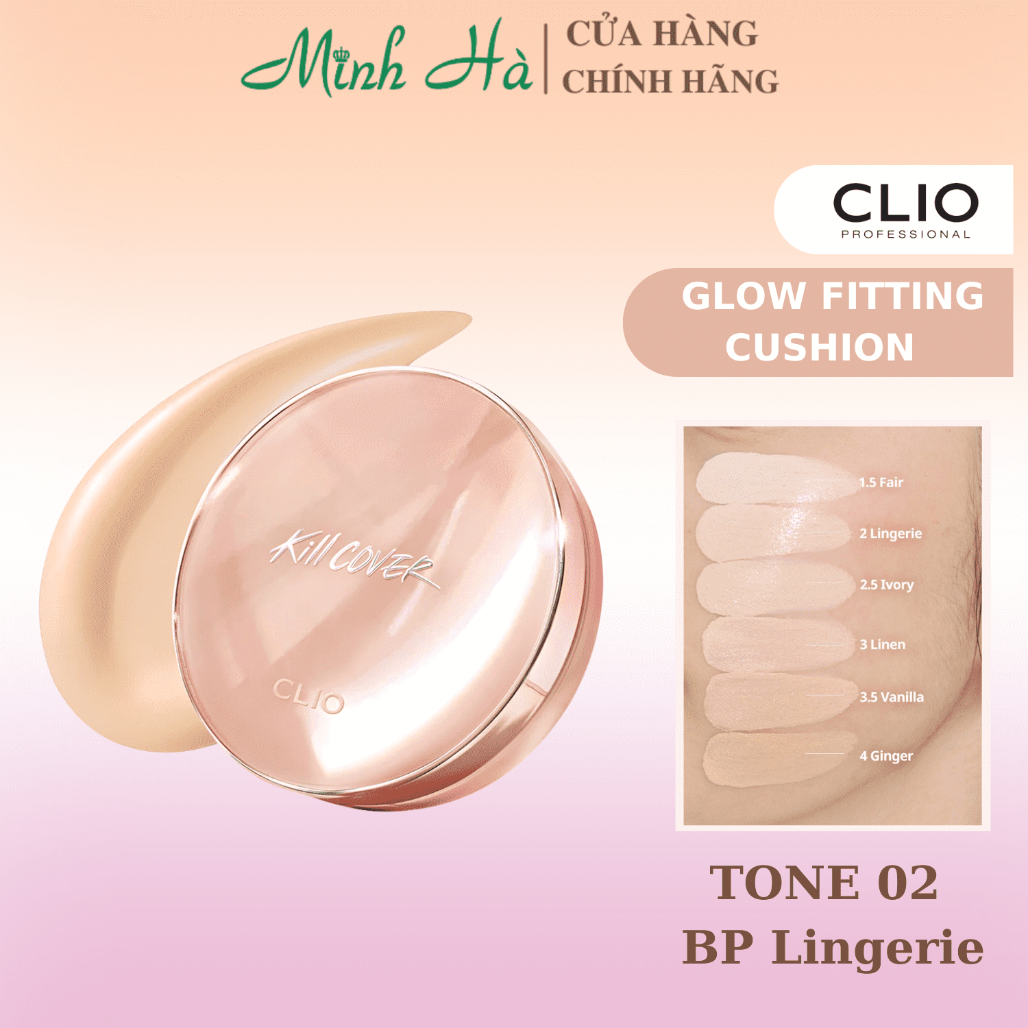 Phấn nước Clio Kill Cover Glow Fitting Cushion SPF50+ PA+++ 15g lớp nền tự nhiên lâu trôi