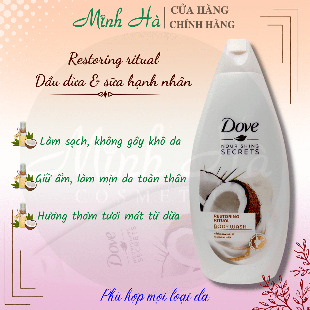 Sữa tắm dove 500ml giúp làm sạch, dưỡng ẩm và nuôi dưỡng làn da từ bên trong thích hợp cho mọi loại da