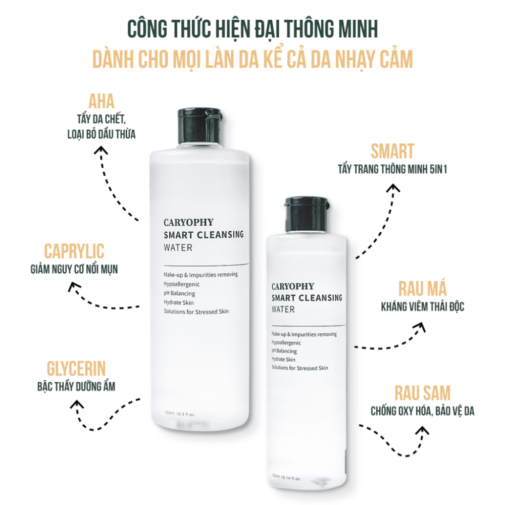 Nước tẩy trang Caryophy Smart Cleansing Water 500ml không cồn giảm tình trạng mụn