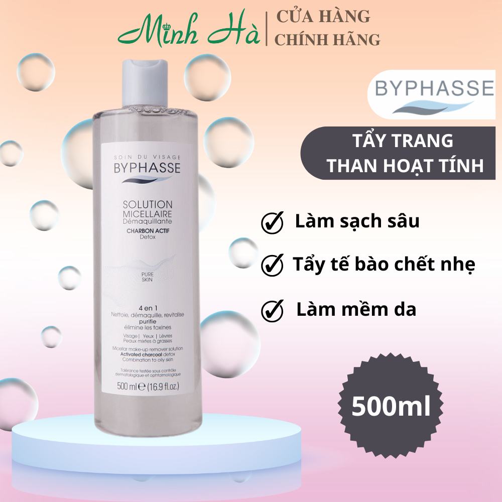 Nước tẩy trang Byphasse than hoạt tính 500ml (xám) dành cho da dầu, da hỗn hợp