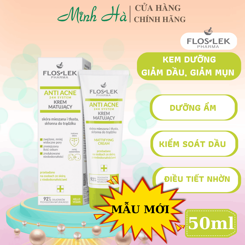Kem dưỡng da giảm dầu giảm mụn Floslek Anti Acne Mattifying Cream 50ml (Mẫu mới) hỗ trợ kiềm dầu giảm bóng nhờn